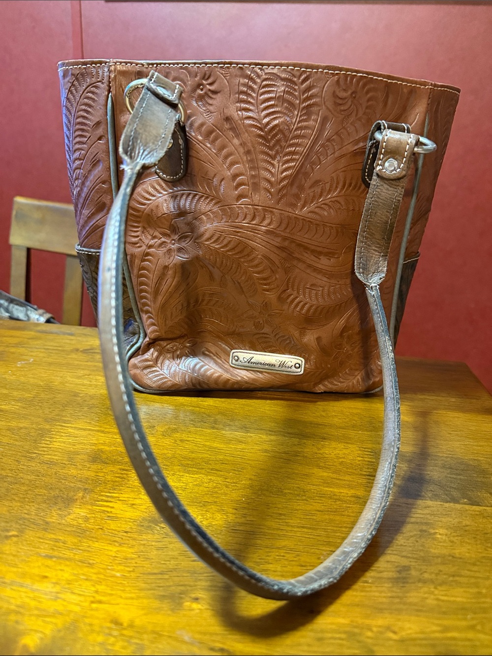 American West Brown Leather Tote with Turquoise Floral Accents - Picture 3 of 5